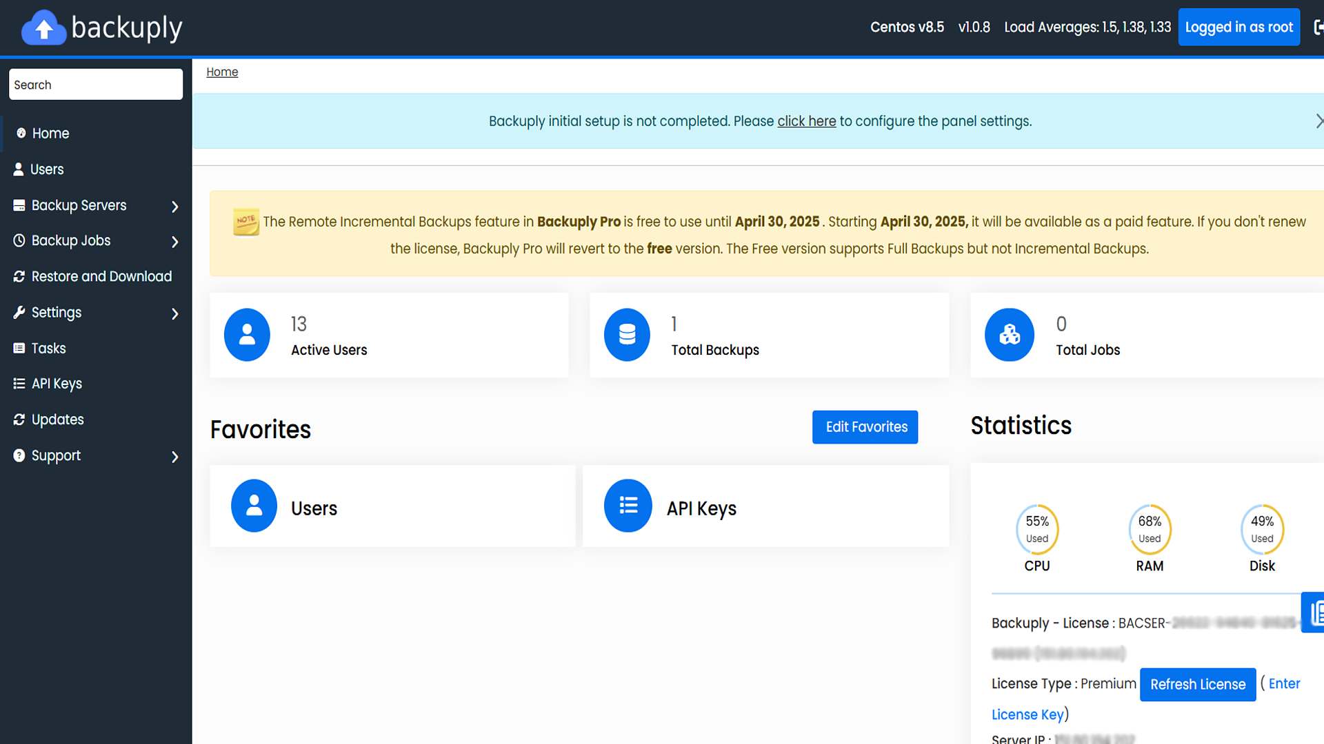 Backuply License license dashboard preview