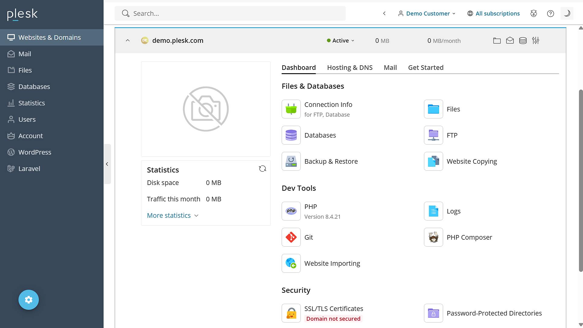 Plesk License license dashboard preview