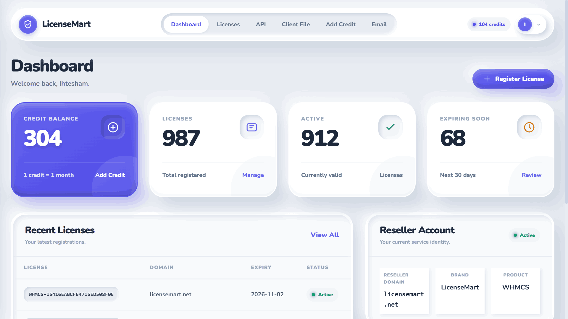 WHMCS License Reseller license dashboard preview