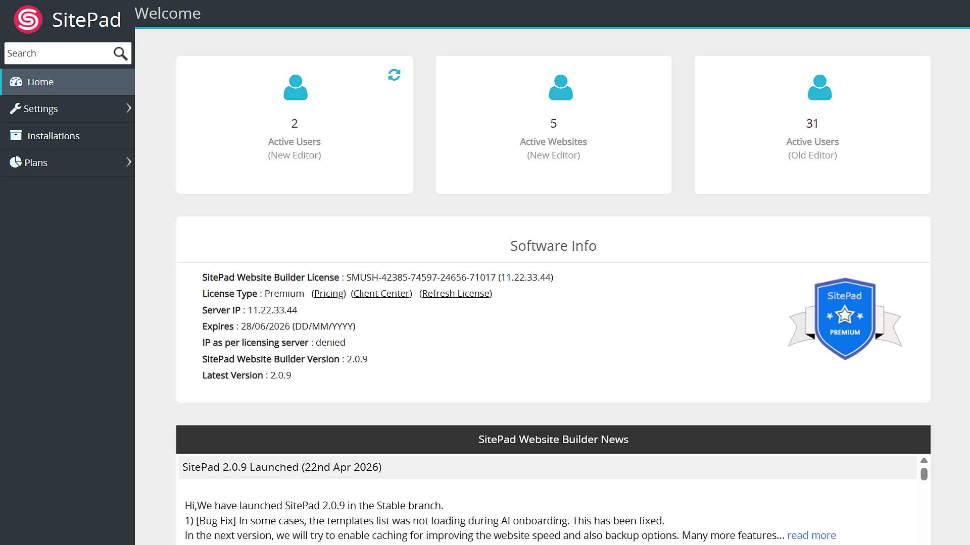 SitePad License license dashboard preview