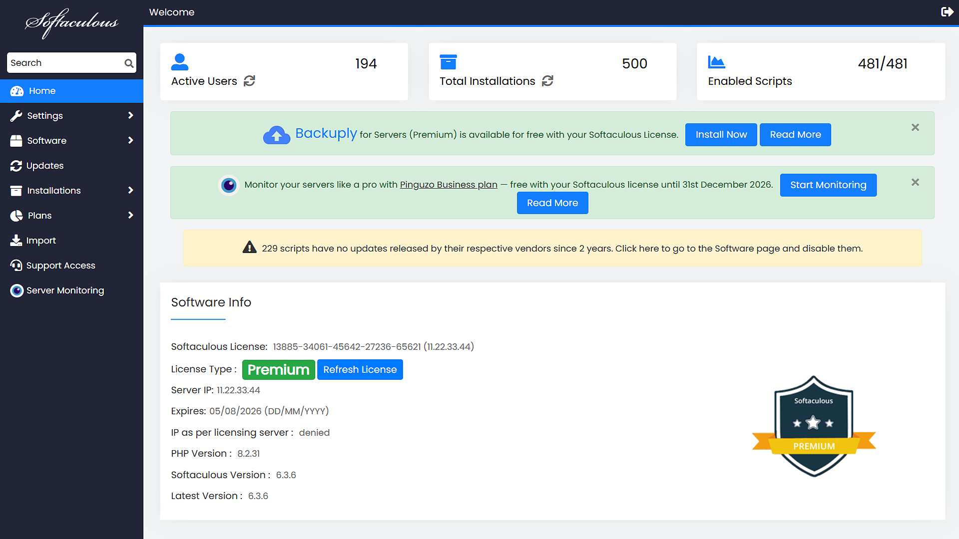 Softaculous License license dashboard preview