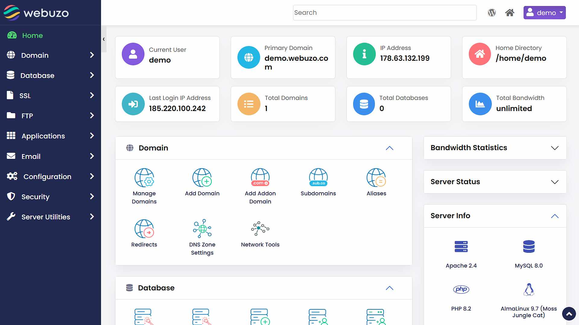 Webuzo License license dashboard preview